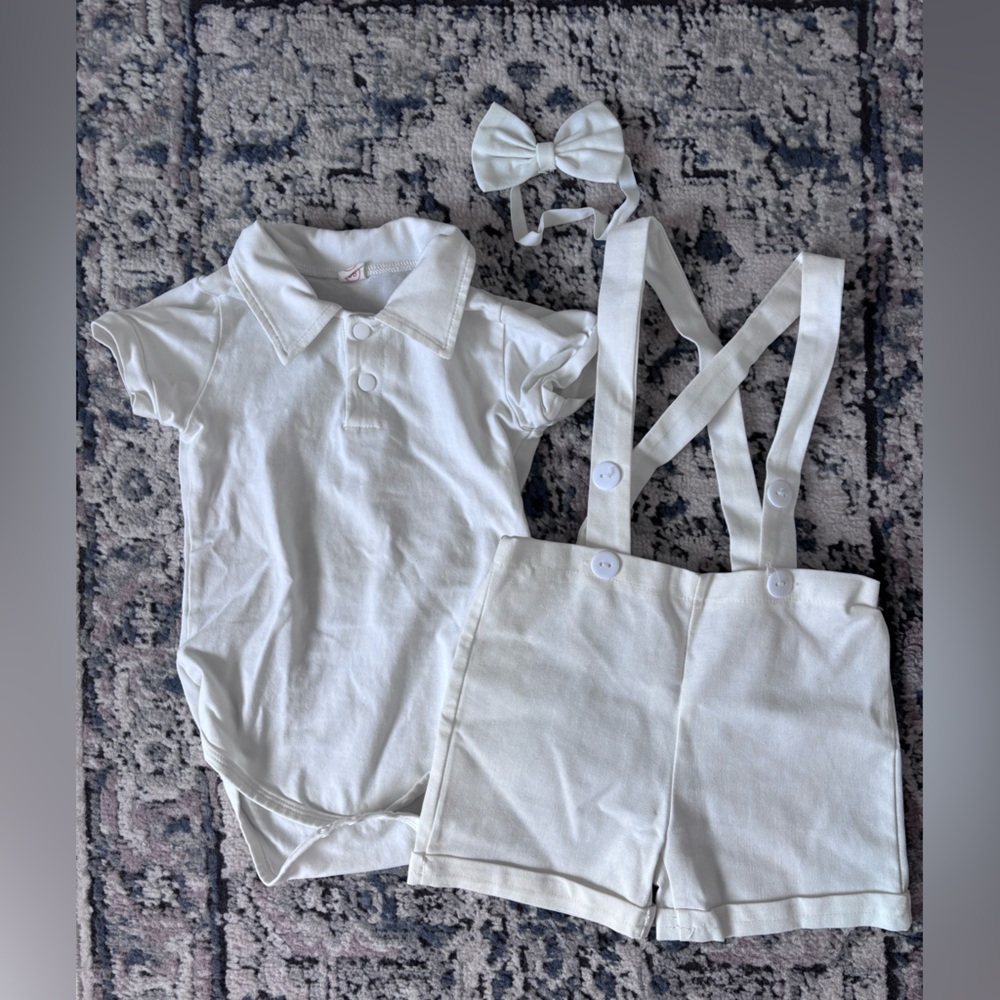 Baptism Cake Smash Outfit Set, Bowtie Romper with Overalls Shorts